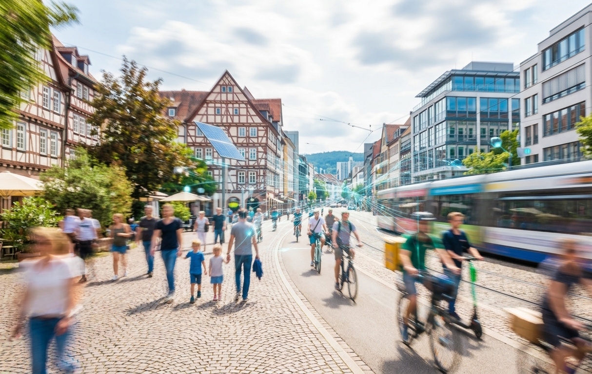 Belebte Innenstadt mit Fußgängern, Radfahrern und Tram