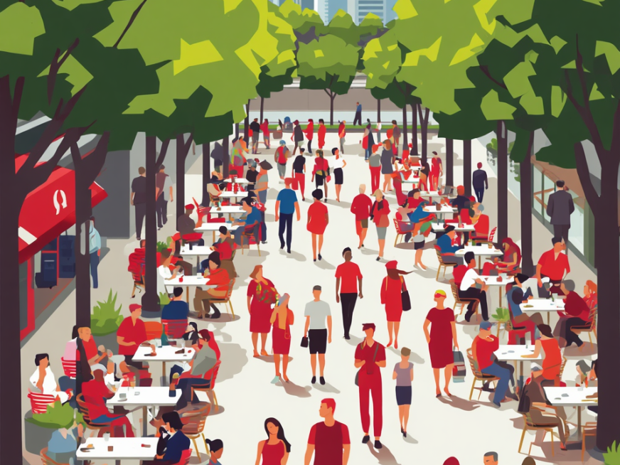 Belebte Café-Promenade in der Innenstadt